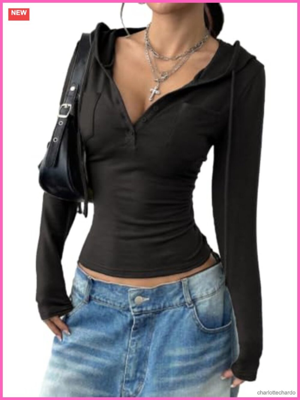 Y2K Cropped Hoodie Long Sleeve V-Neck Streetwear Top